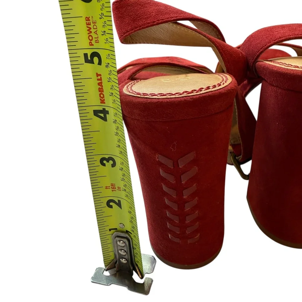 Splendid Heels Block Ankle Strap‎ Suede Red Sandals Party Shoes Women's 8.5